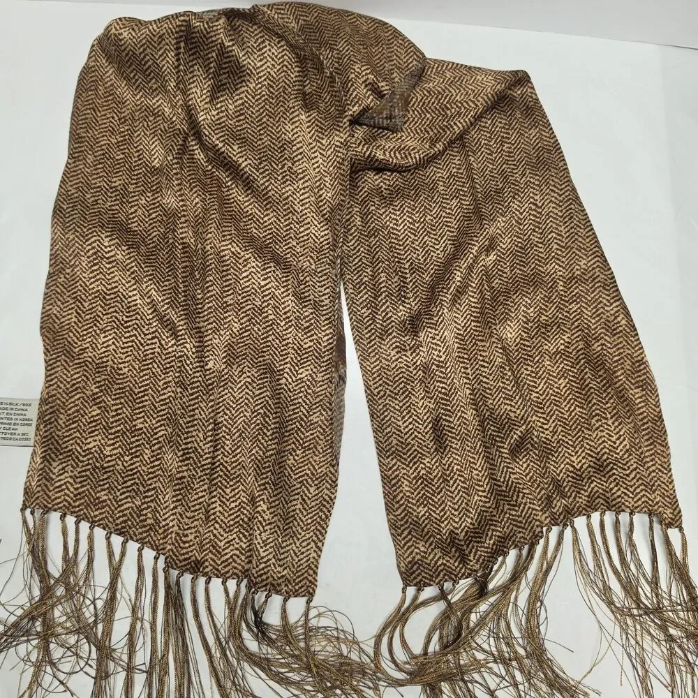 Vintage Anne Klein Silk Reversible Fringed Scarf Plaid Herringbone Tan Brown